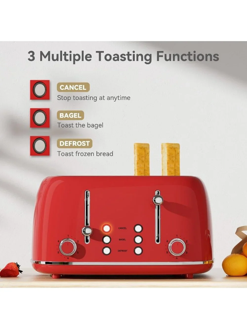 4 Slice Red Retro Stainless with 6 Bread Shade Settings 1.5''Wide Slots Toaster
